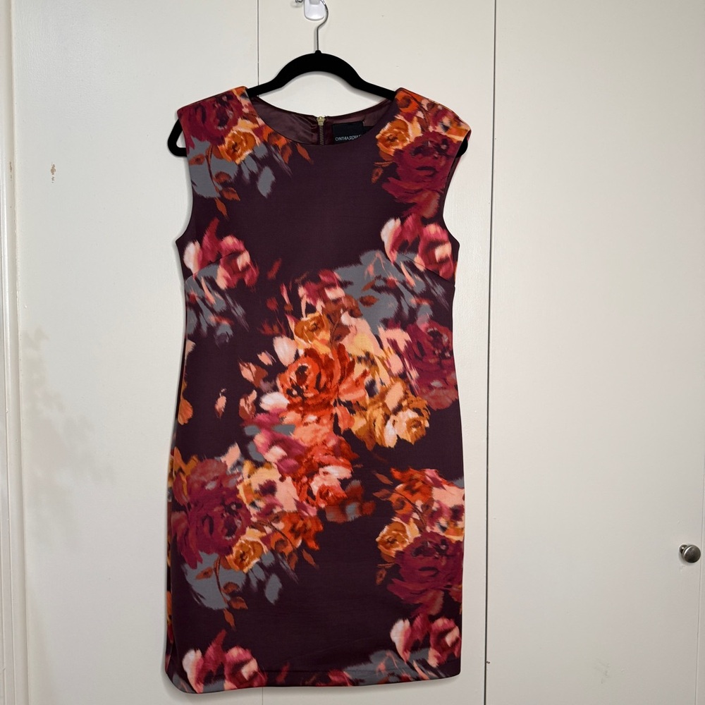 Women’s Burgundy Floral Neoprene Dress with Orange & Pink Blooms. Sz 6